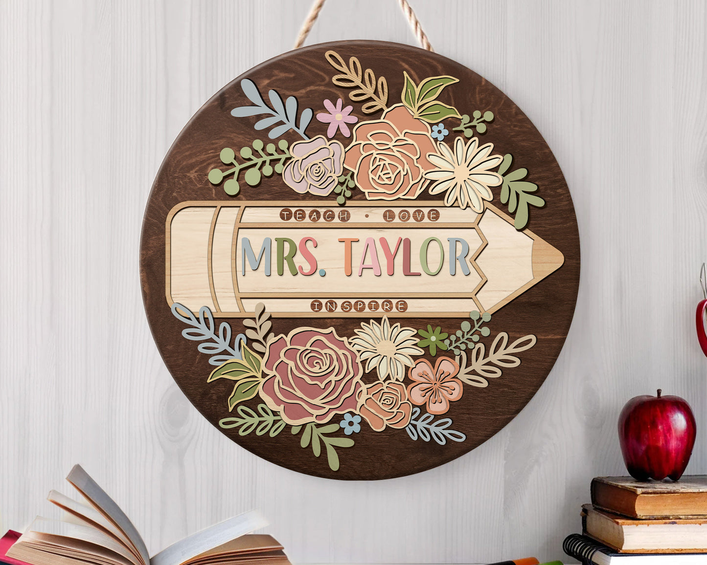 Personalized 3D Teacher Door Hanger, Teacher Door Sign, Custom Teacher Name Sign, Back to School Gift, Classroom Decor, Floral Wooden Sign