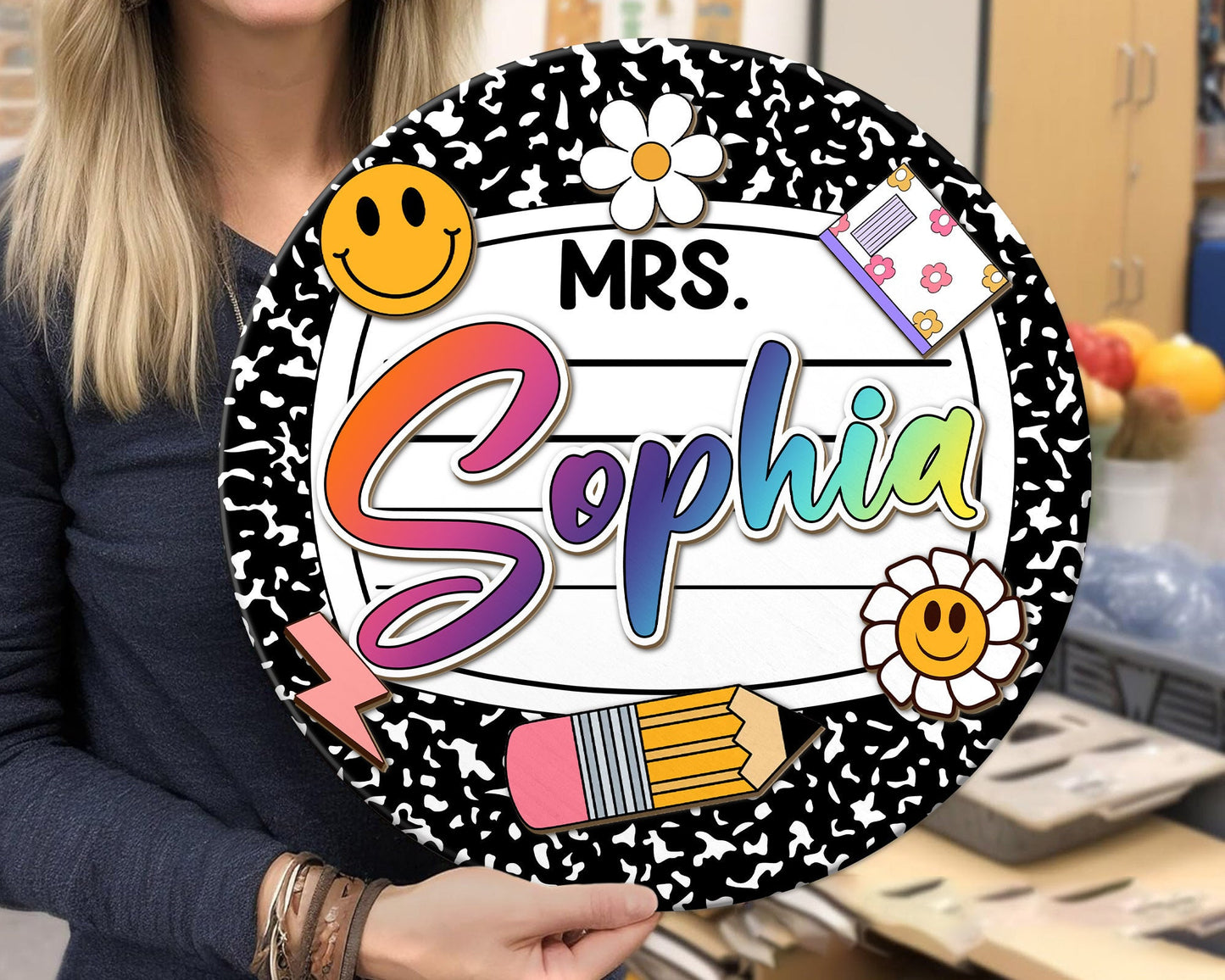 Personalized 3D Teacher Door Sign, Teacher Door Hanger, Composition Notebook Door Sign, Back to School Gift, Teacher Gift, Welcome Name Sign