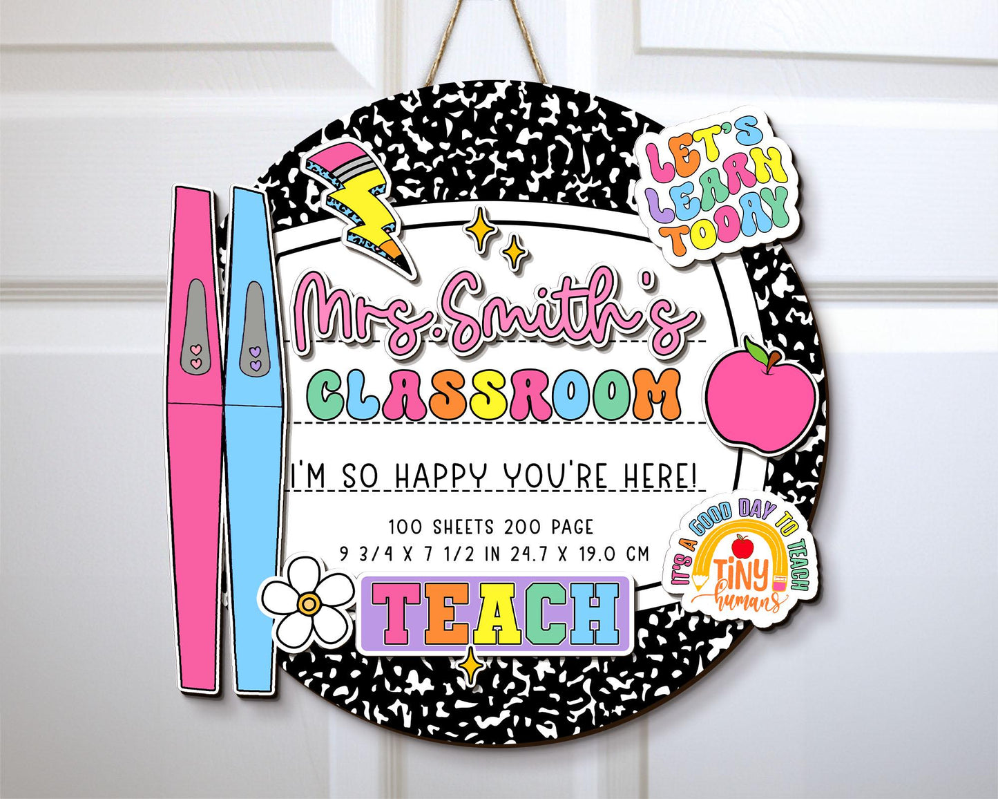 Personalized 3D Teacher Door Hanger, Custom Composition Notebook Door Sign, Groovy Teacher Name Sign, Back To School Sign, New Teacher Gifts