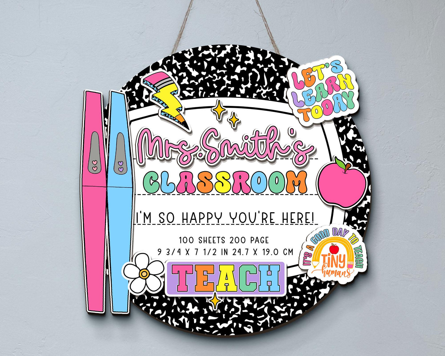 Personalized 3D Teacher Door Hanger, Custom Composition Notebook Door Sign, Groovy Teacher Name Sign, Back To School Sign, New Teacher Gifts