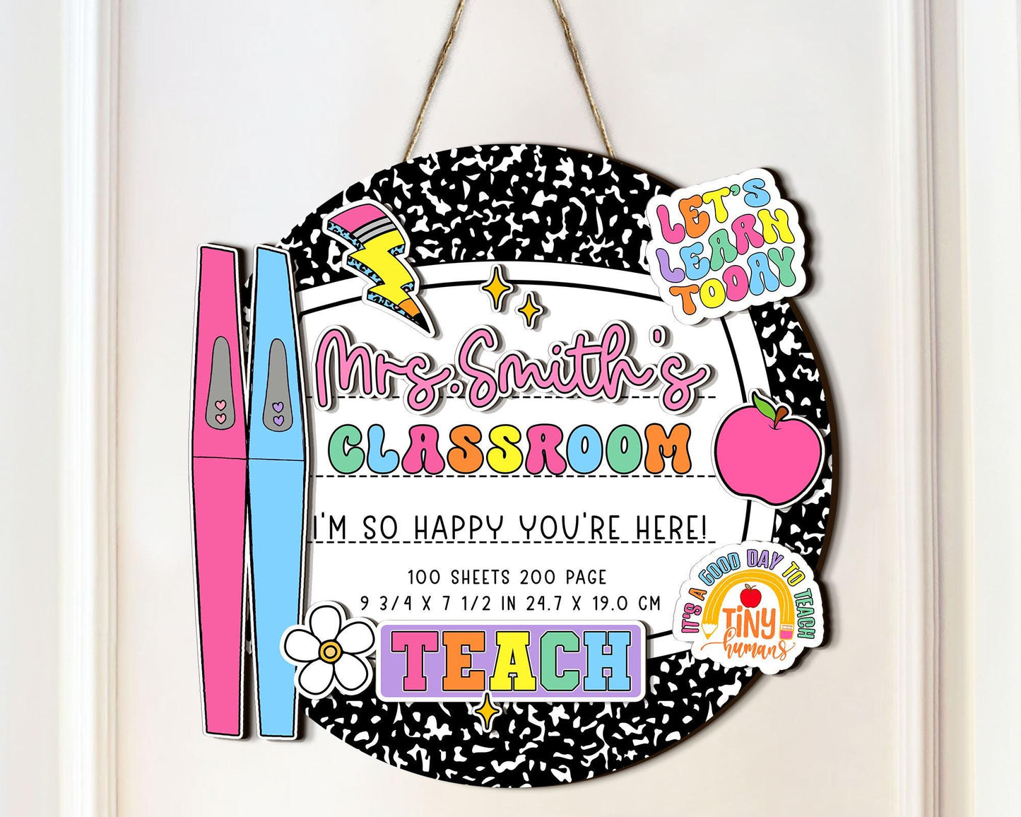 Personalized 3D Teacher Door Hanger, Custom Composition Notebook Door Sign, Groovy Teacher Name Sign, Back To School Sign, New Teacher Gifts