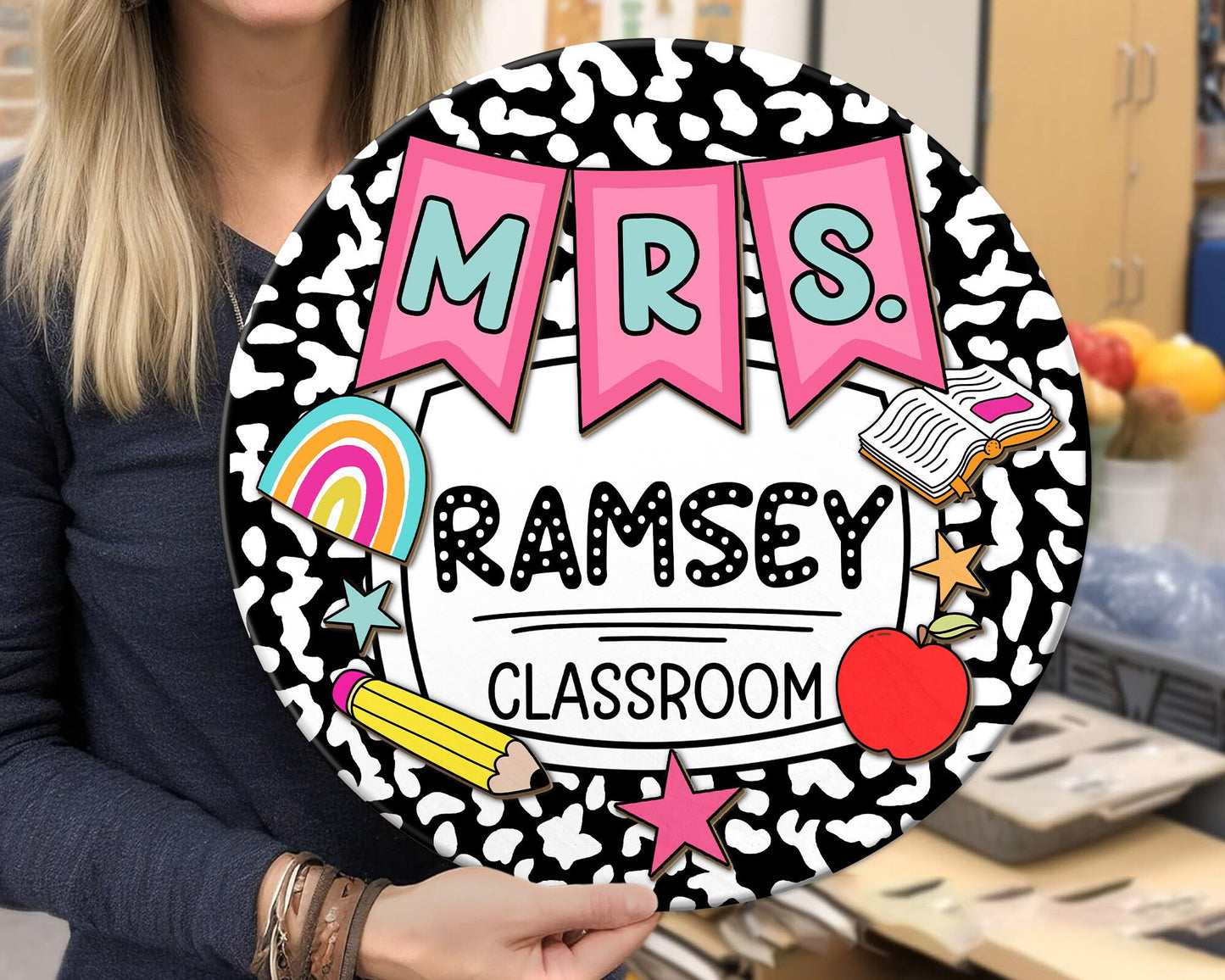 Personalized 3D Teacher Door Sign, Custom Teacher Door Sign, Teacher Appreciation Gift, Retro Teacher Door Hanger, Teacher Welcome Name Sign