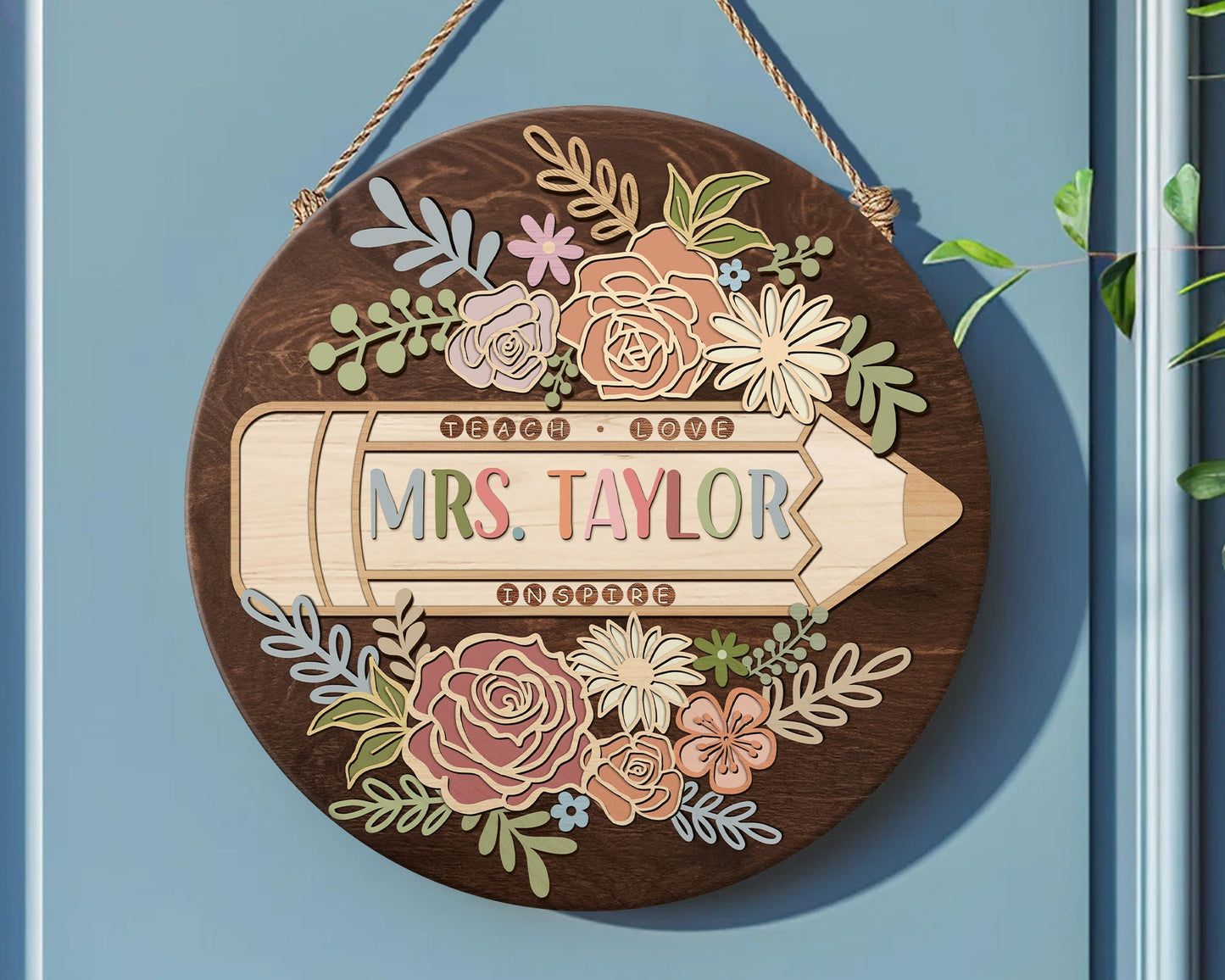 Personalized 3D Teacher Door Hanger, Teacher Door Sign, Custom Teacher Name Sign, Back to School Gift, Classroom Decor, Floral Wooden Sign