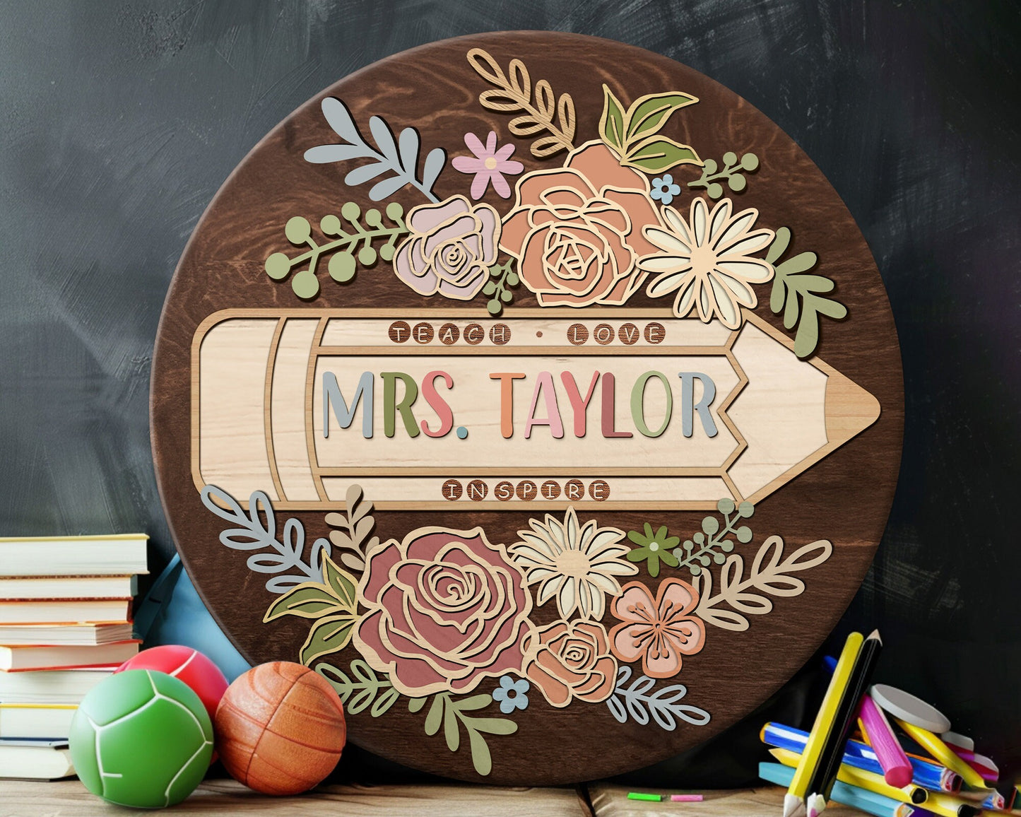 Personalized 3D Teacher Door Hanger, Teacher Door Sign, Custom Teacher Name Sign, Back to School Gift, Classroom Decor, Floral Wooden Sign