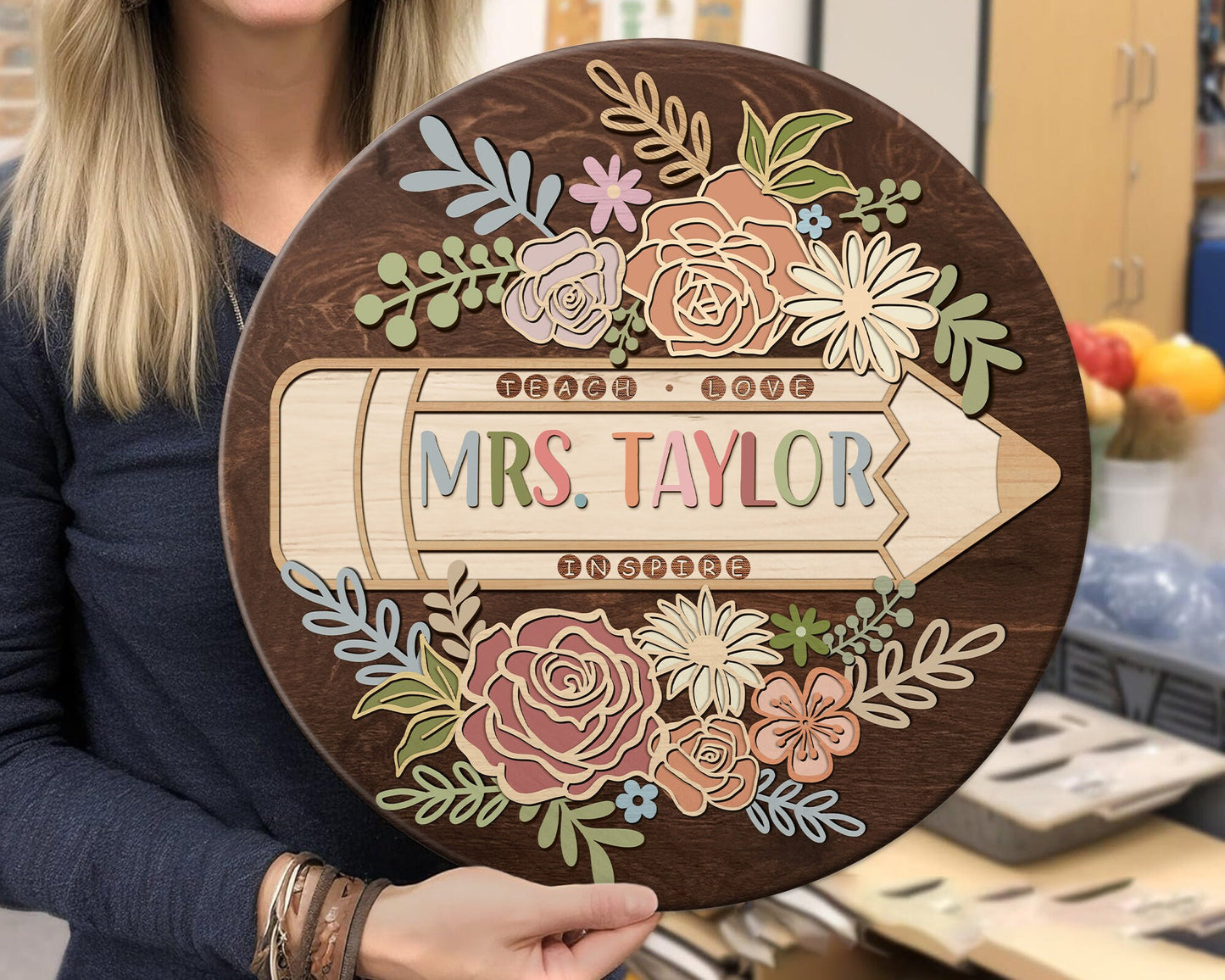 Personalized 3D Teacher Door Hanger, Teacher Door Sign, Custom Teacher Name Sign, Back to School Gift, Classroom Decor, Floral Wooden Sign