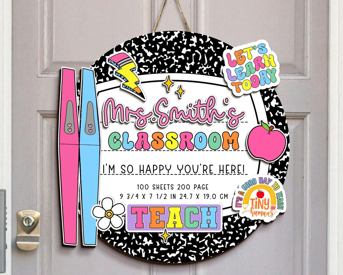 Personalized 3D Teacher Door Hanger, Custom Composition Notebook Door Sign, Groovy Teacher Name Sign, Back To School Sign, New Teacher Gifts