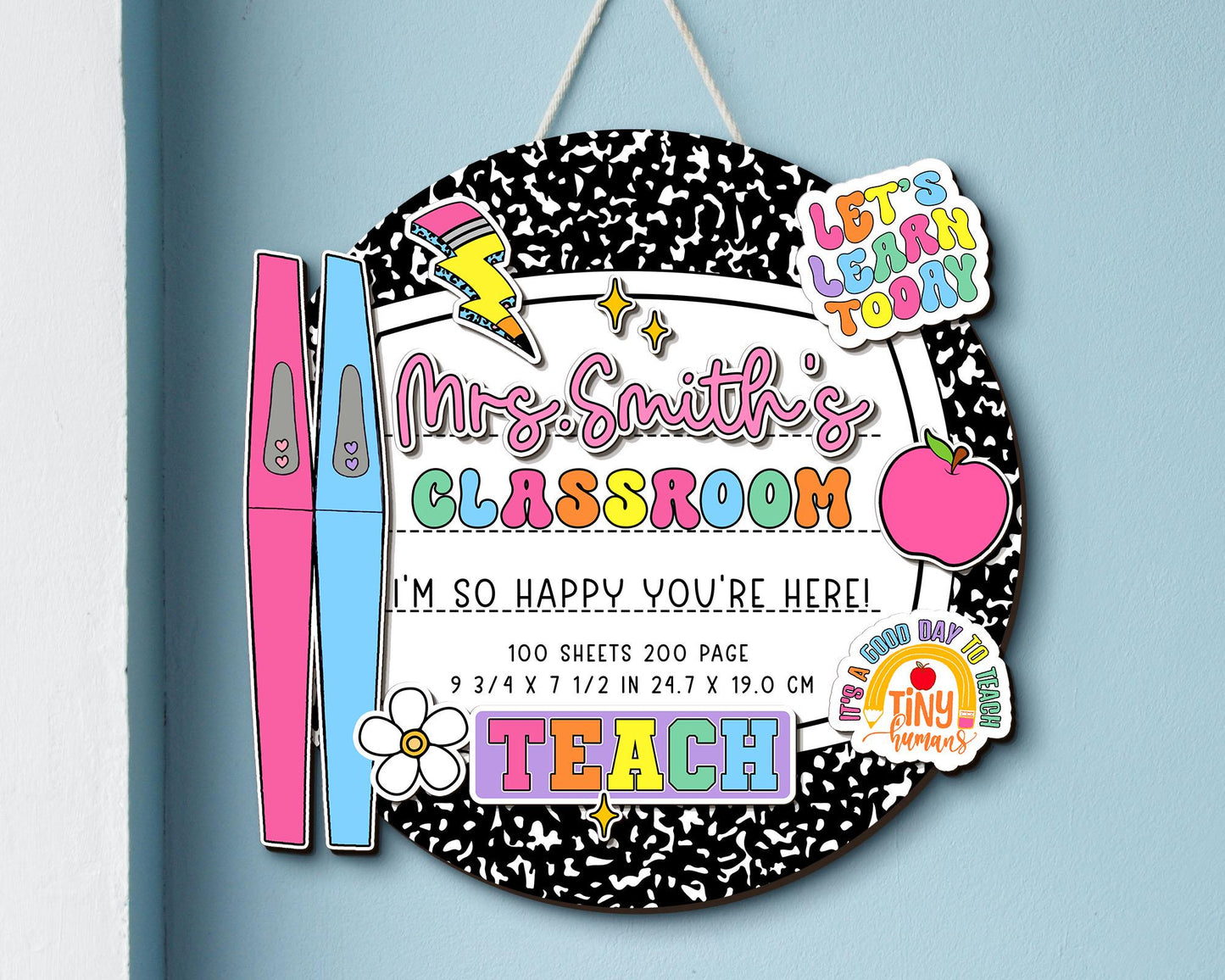 Personalized 3D Teacher Door Hanger, Custom Composition Notebook Door Sign, Groovy Teacher Name Sign, Back To School Sign, New Teacher Gifts