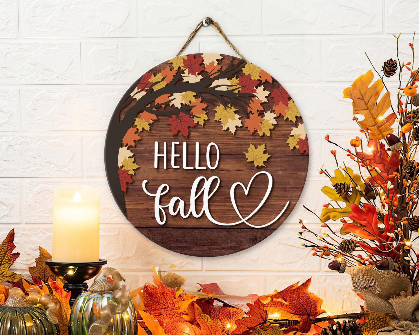 Hello Fall Door Sign, Autumn Door Hanger, Fall Welcome Sign, Autumn Decor, Thanksgiving Front Door Decor, Fall Wreath, Fall Home Decor