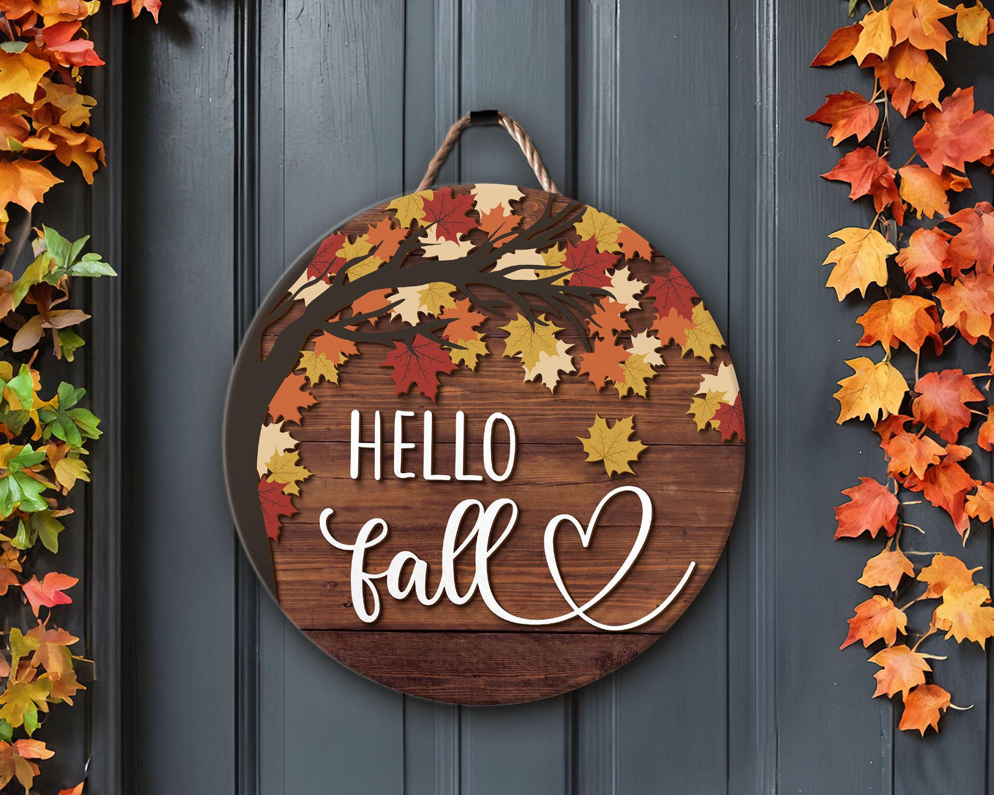 Hello Fall Door Sign, Autumn Door Hanger, Fall Welcome Sign, Autumn Decor, Thanksgiving Front Door Decor, Fall Wreath, Fall Home Decor