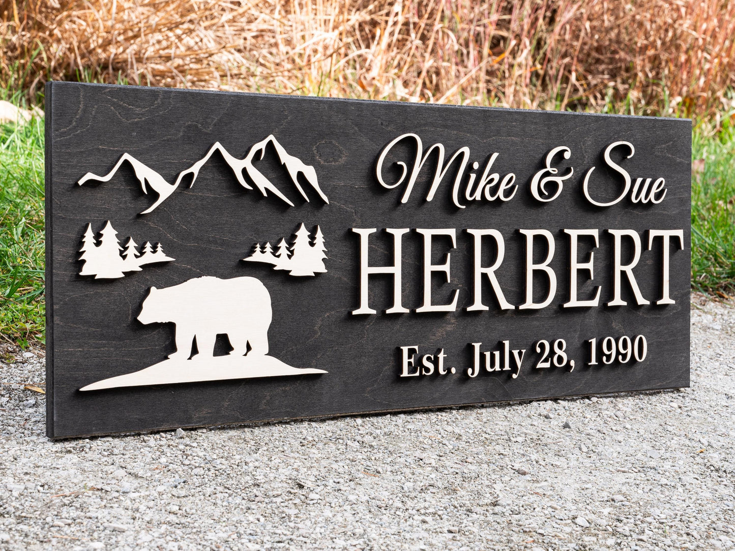 Custom Black Bear Plaque Wood Name Sign | Custom Cabin Gift | Man Cave Wedding Gift, Family Last Name Established Sign Camp Lake House Décor