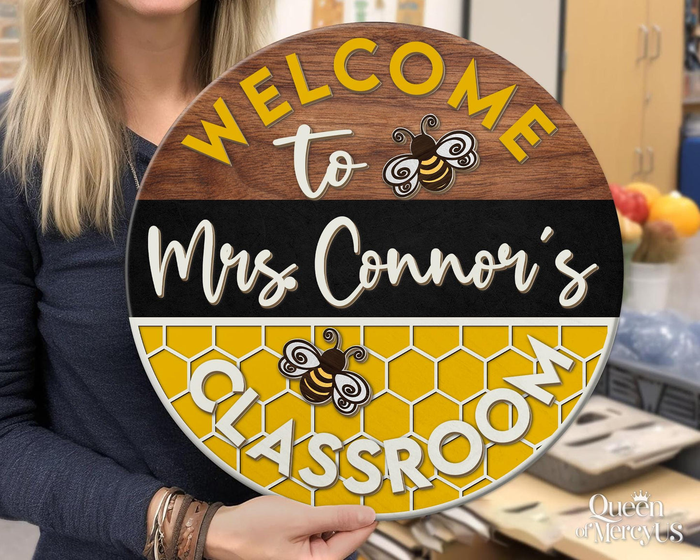 Custom Teacher Name Door Sign, Teacher Appreciation Gifts, Teacher Door Hanger, Bee Classroom Welcome Sign, Bee Hive Decor, Teacher's Day