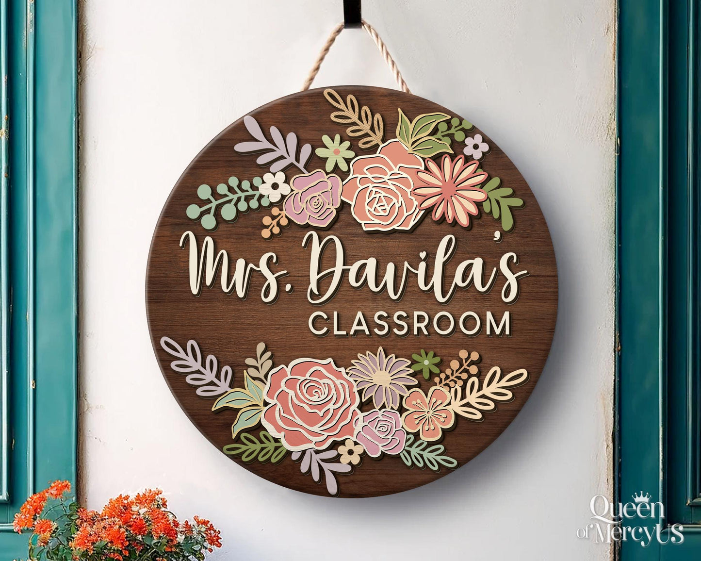Teacher Door Sign, Teacher 3D Door Hanger, Teacher Appreciation Gifts, Custom Teacher Name Sign, Welcome Classroom Sign, Floral Wooden Sign