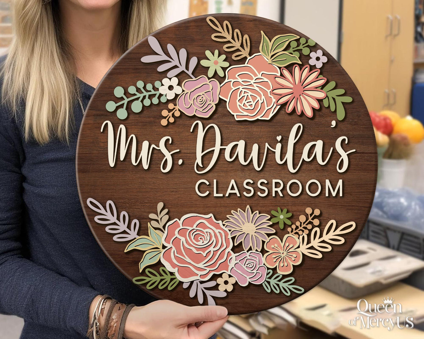 Teacher Door Sign, Teacher 3D Door Hanger, Teacher Appreciation Gifts, Custom Teacher Name Sign, Welcome Classroom Sign, Floral Wooden Sign