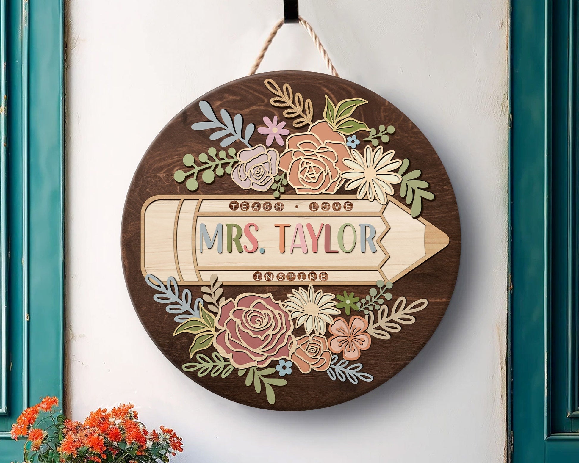 Personalized 3D Teacher Door Hanger, Teacher Door Sign, Custom Teacher Name Sign, Back to School Gift, Classroom Decor, Floral Wooden Sign