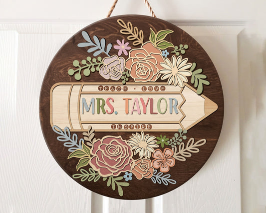 Personalized 3D Teacher Door Hanger, Teacher Door Sign, Custom Teacher Name Sign, Back to School Gift, Classroom Decor, Floral Wooden Sign