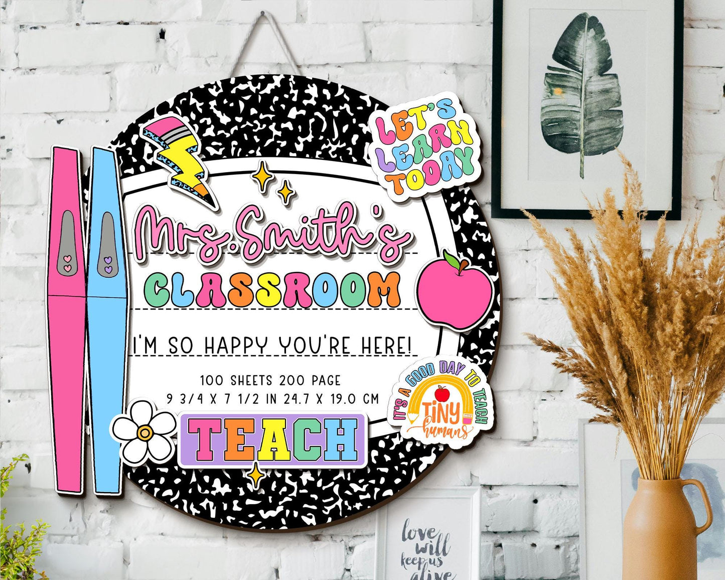Personalized 3D Teacher Door Hanger, Custom Composition Notebook Door Sign, Groovy Teacher Name Sign, Back To School Sign, New Teacher Gifts