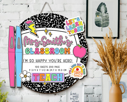 Personalized 3D Teacher Door Hanger, Custom Composition Notebook Door Sign, Groovy Teacher Name Sign, Back To School Sign, New Teacher Gifts