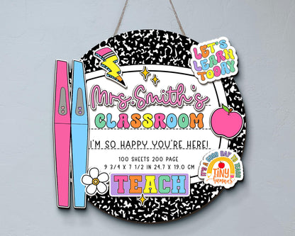 Personalized 3D Teacher Door Hanger, Custom Composition Notebook Door Sign, Groovy Teacher Name Sign, Back To School Sign, New Teacher Gifts