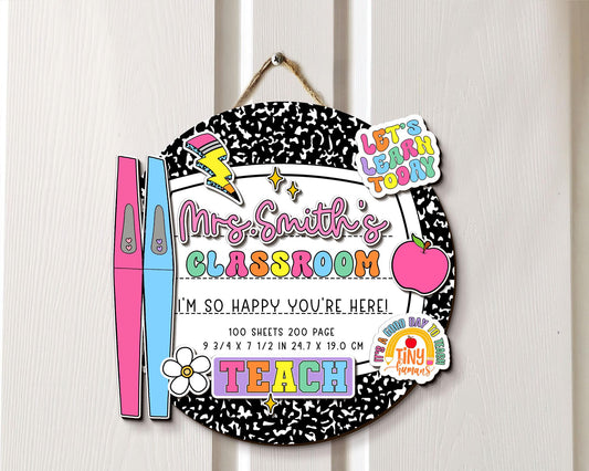 Personalized 3D Teacher Door Hanger, Custom Composition Notebook Door Sign, Groovy Teacher Name Sign, Back To School Sign, New Teacher Gifts