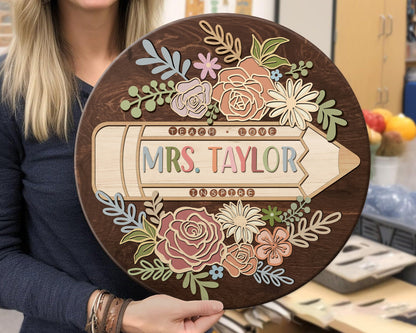 Personalized 3D Teacher Door Hanger, Teacher Door Sign, Custom Teacher Name Sign, Back to School Gift, Classroom Decor, Floral Wooden Sign