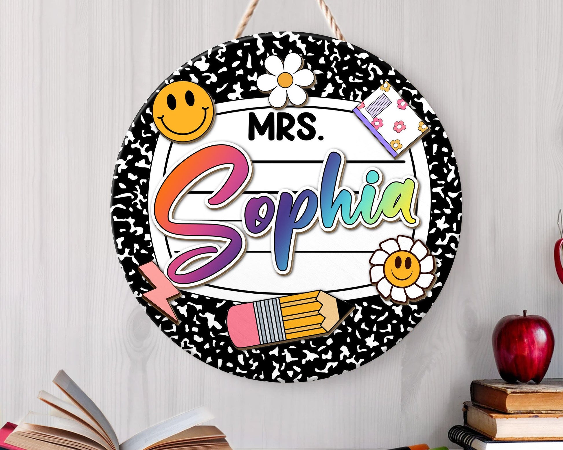 Personalized 3D Teacher Door Sign, Teacher Door Hanger, Composition Notebook Door Sign, Back to School Gift, Teacher Gift, Welcome Name Sign