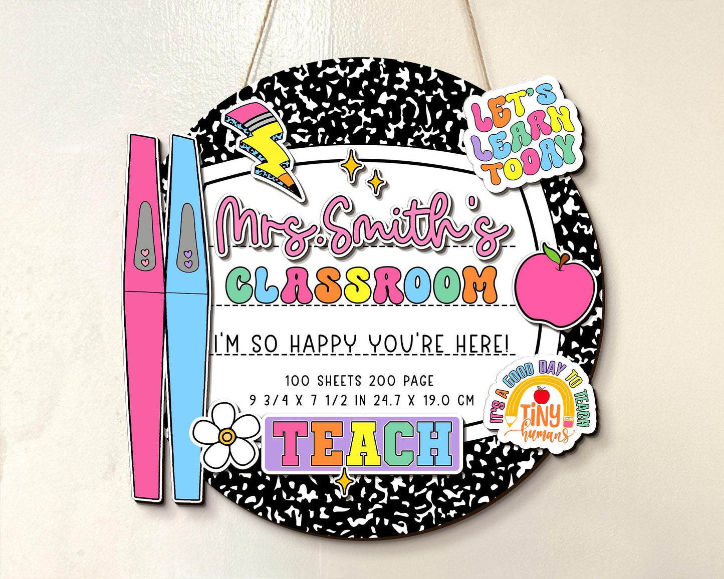 Personalized 3D Teacher Door Hanger, Custom Composition Notebook Door Sign, Groovy Teacher Name Sign, Back To School Sign, New Teacher Gifts
