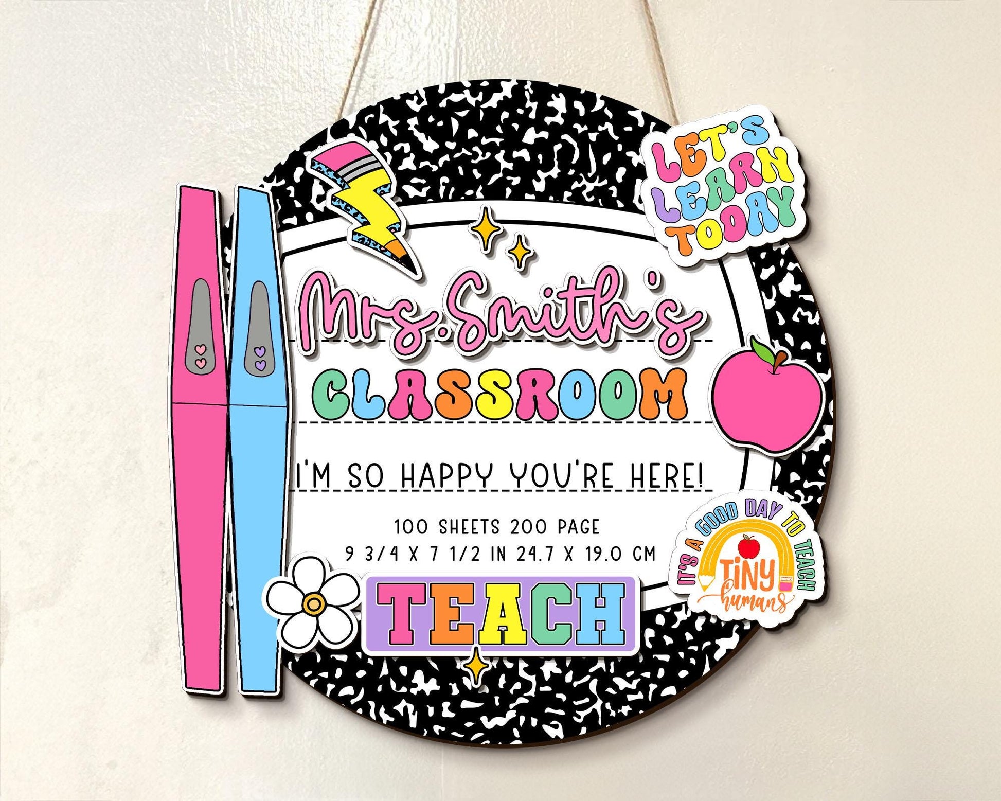Personalized 3D Teacher Door Hanger, Custom Composition Notebook Door Sign, Groovy Teacher Name Sign, Back To School Sign, New Teacher Gifts