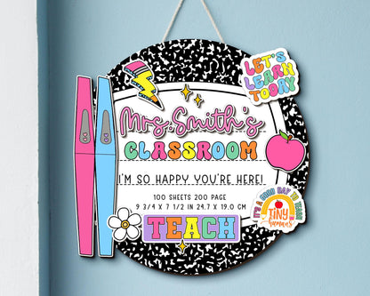 Personalized 3D Teacher Door Hanger, Custom Composition Notebook Door Sign, Groovy Teacher Name Sign, Back To School Sign, New Teacher Gifts