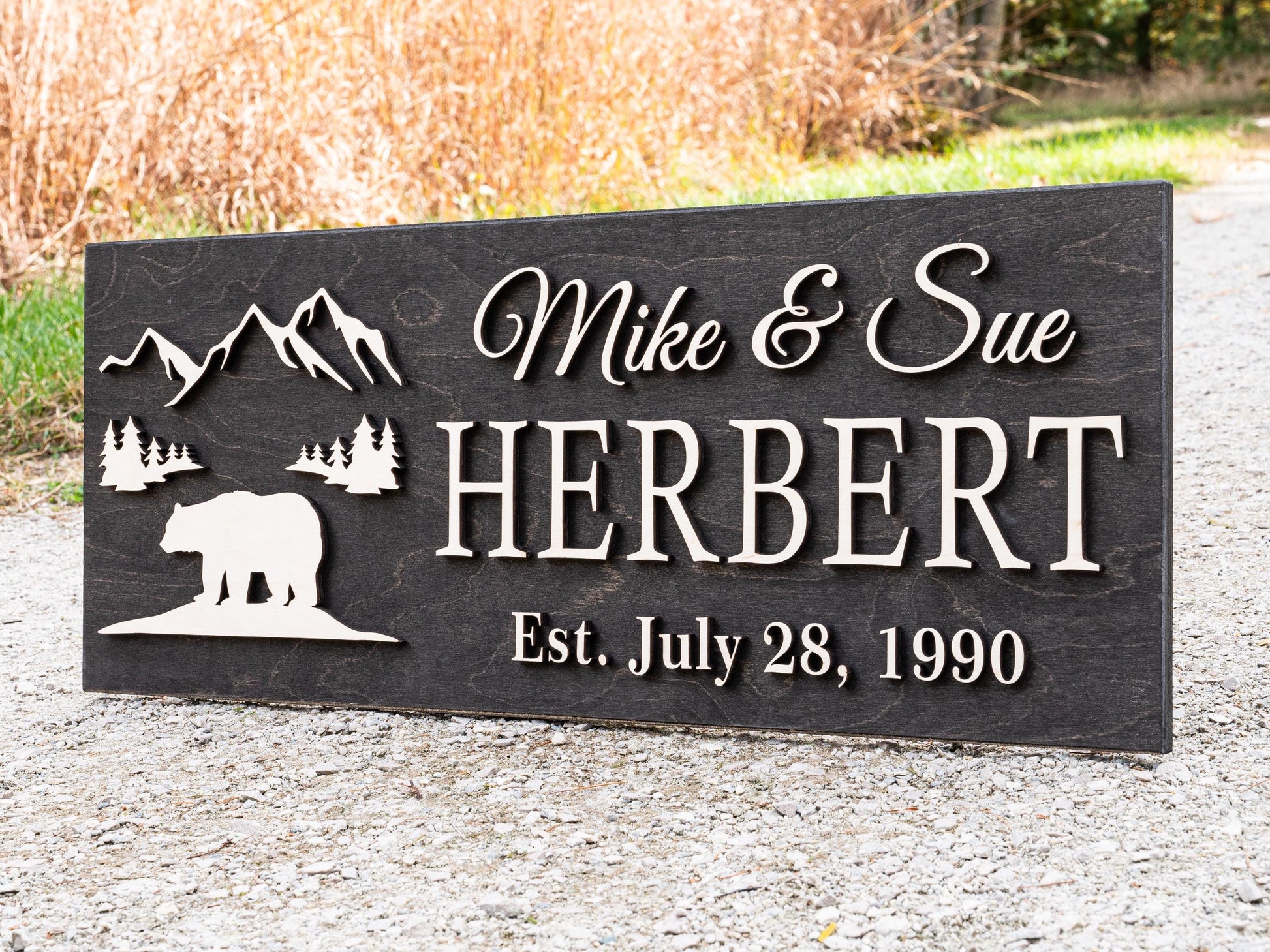 Custom Black Bear Plaque Wood Name Sign | Custom Cabin Gift | Man Cave Wedding Gift, Family Last Name Established Sign Camp Lake House Décor