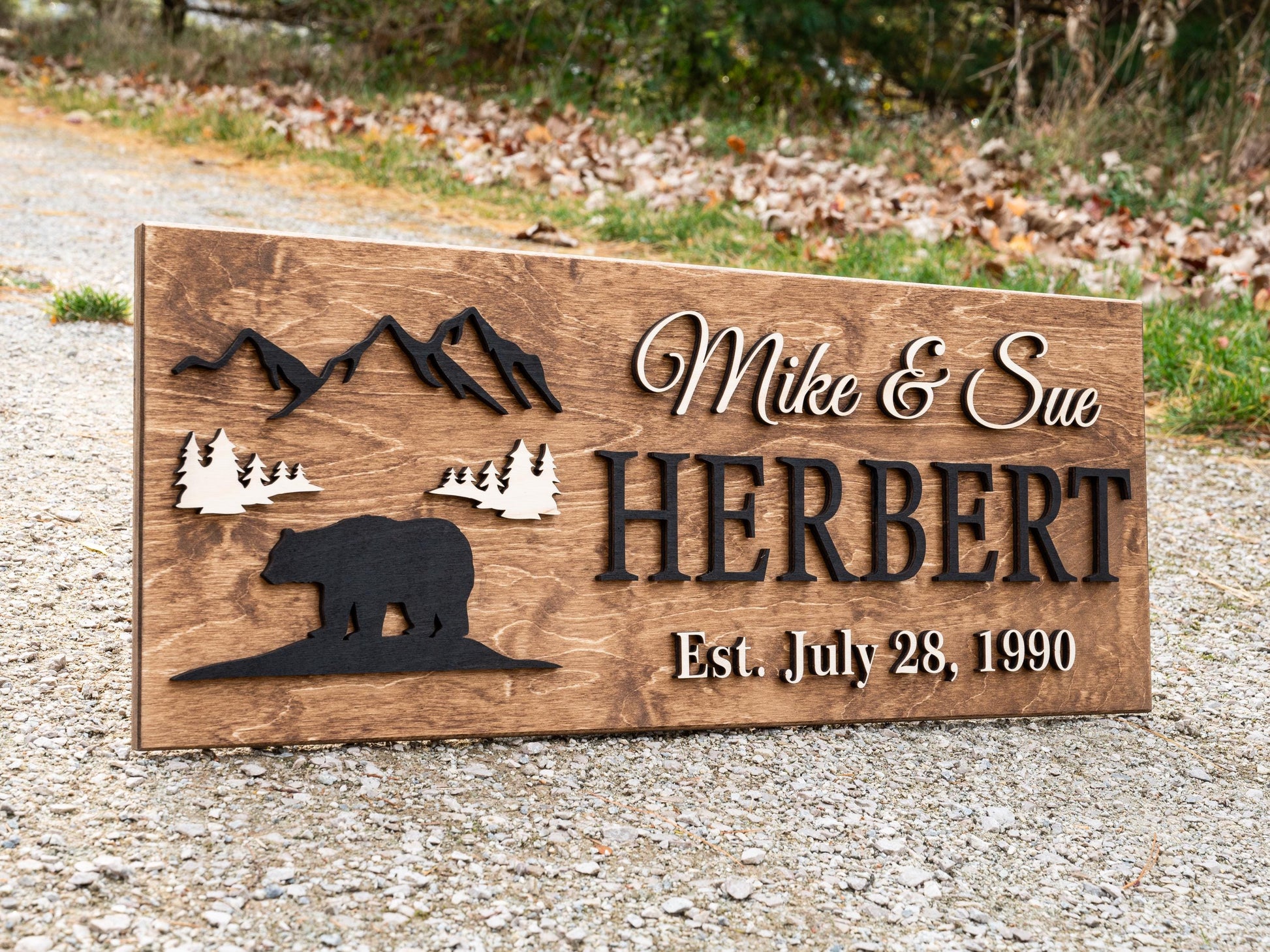 Custom Black Bear Plaque Wood Name Sign | Custom Cabin Gift | Man Cave Wedding Gift, Family Last Name Established Sign Camp Lake House Décor