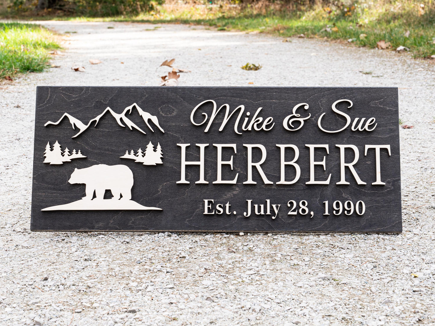 Custom Black Bear Plaque Wood Name Sign | Custom Cabin Gift | Man Cave Wedding Gift, Family Last Name Established Sign Camp Lake House Décor