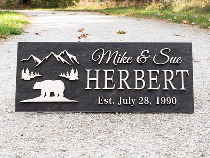 Custom Black Bear Plaque Wood Name Sign | Custom Cabin Gift | Man Cave Wedding Gift, Family Last Name Established Sign Camp Lake House Décor