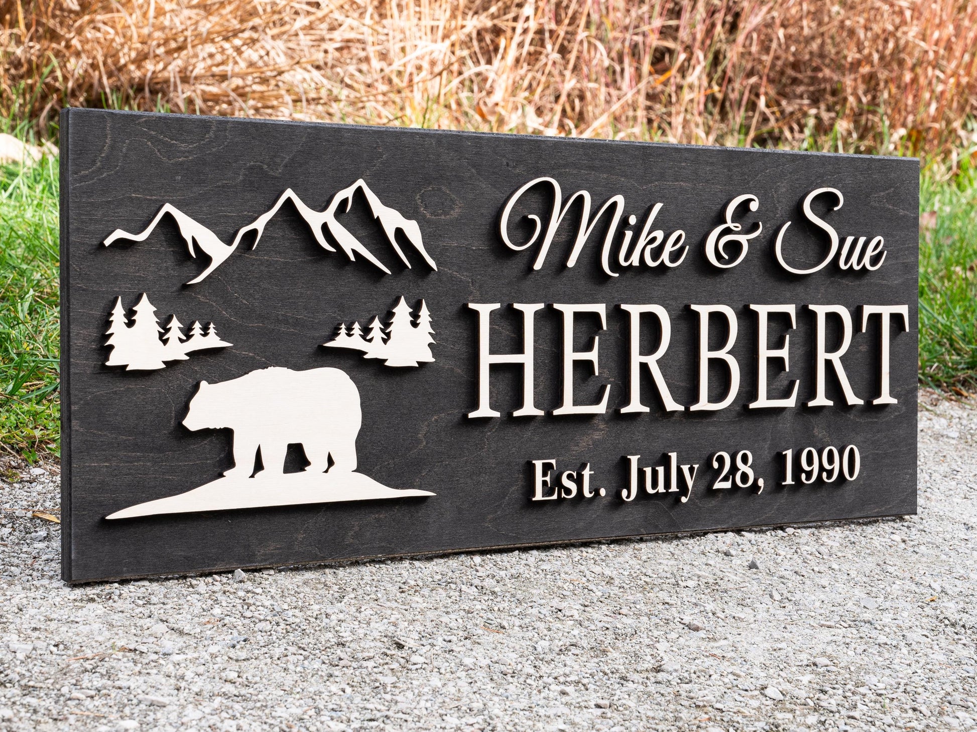 Custom Black Bear Plaque Wood Name Sign | Custom Cabin Gift | Man Cave Wedding Gift, Family Last Name Established Sign Camp Lake House Décor