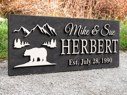 Custom Black Bear Plaque Wood Name Sign | Custom Cabin Gift | Man Cave Wedding Gift, Family Last Name Established Sign Camp Lake House Décor