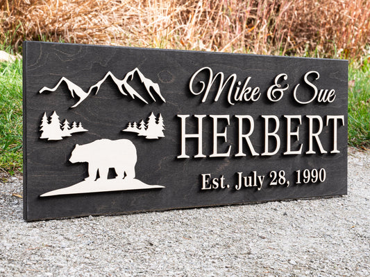 Custom Black Bear Plaque Wood Name Sign | Custom Cabin Gift | Man Cave Wedding Gift, Family Last Name Established Sign Camp Lake House Décor