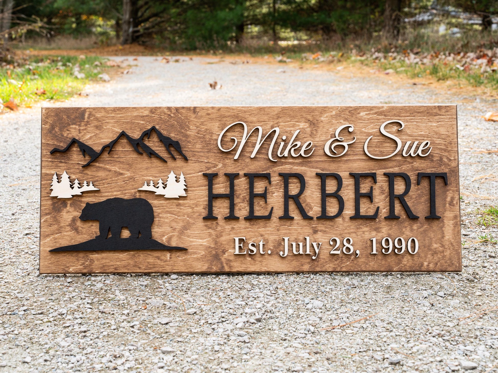 Custom Black Bear Plaque Wood Name Sign | Custom Cabin Gift | Man Cave Wedding Gift, Family Last Name Established Sign Camp Lake House Décor