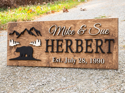 Custom Black Bear Plaque Wood Name Sign | Custom Cabin Gift | Man Cave Wedding Gift, Family Last Name Established Sign Camp Lake House Décor