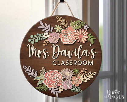 Teacher Door Sign, Teacher 3D Door Hanger, Teacher Appreciation Gifts, Custom Teacher Name Sign, Welcome Classroom Sign, Floral Wooden Sign