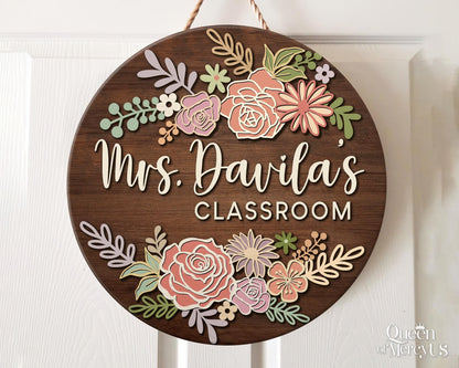 Teacher Door Sign, Teacher 3D Door Hanger, Teacher Appreciation Gifts, Custom Teacher Name Sign, Welcome Classroom Sign, Floral Wooden Sign