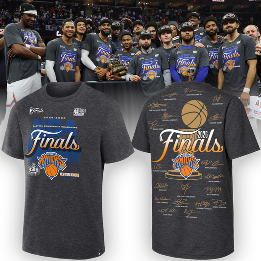 2026 Exclusive New York Knicks Eastern Conference Champions Locker Room Team Signatures Print Tee